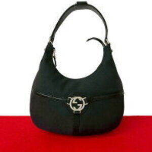 GUCCI GG logo leather canvas Hobo Shoulder handbag black